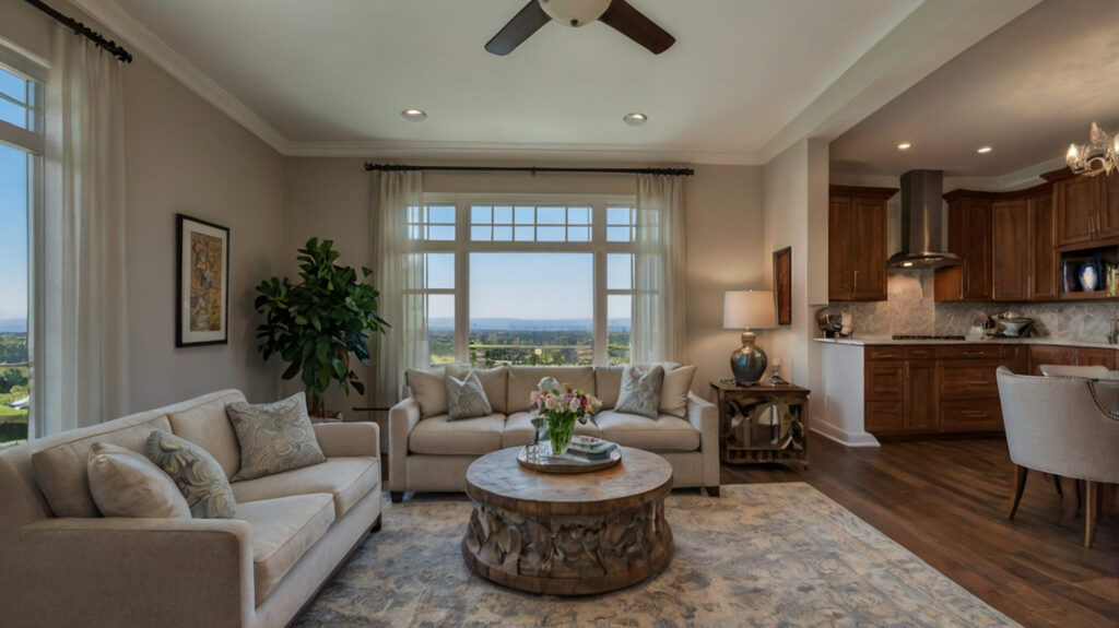 How to Sell my House Warner Robins: Luxury living room with a large window overlooking the valley. Nobody inside